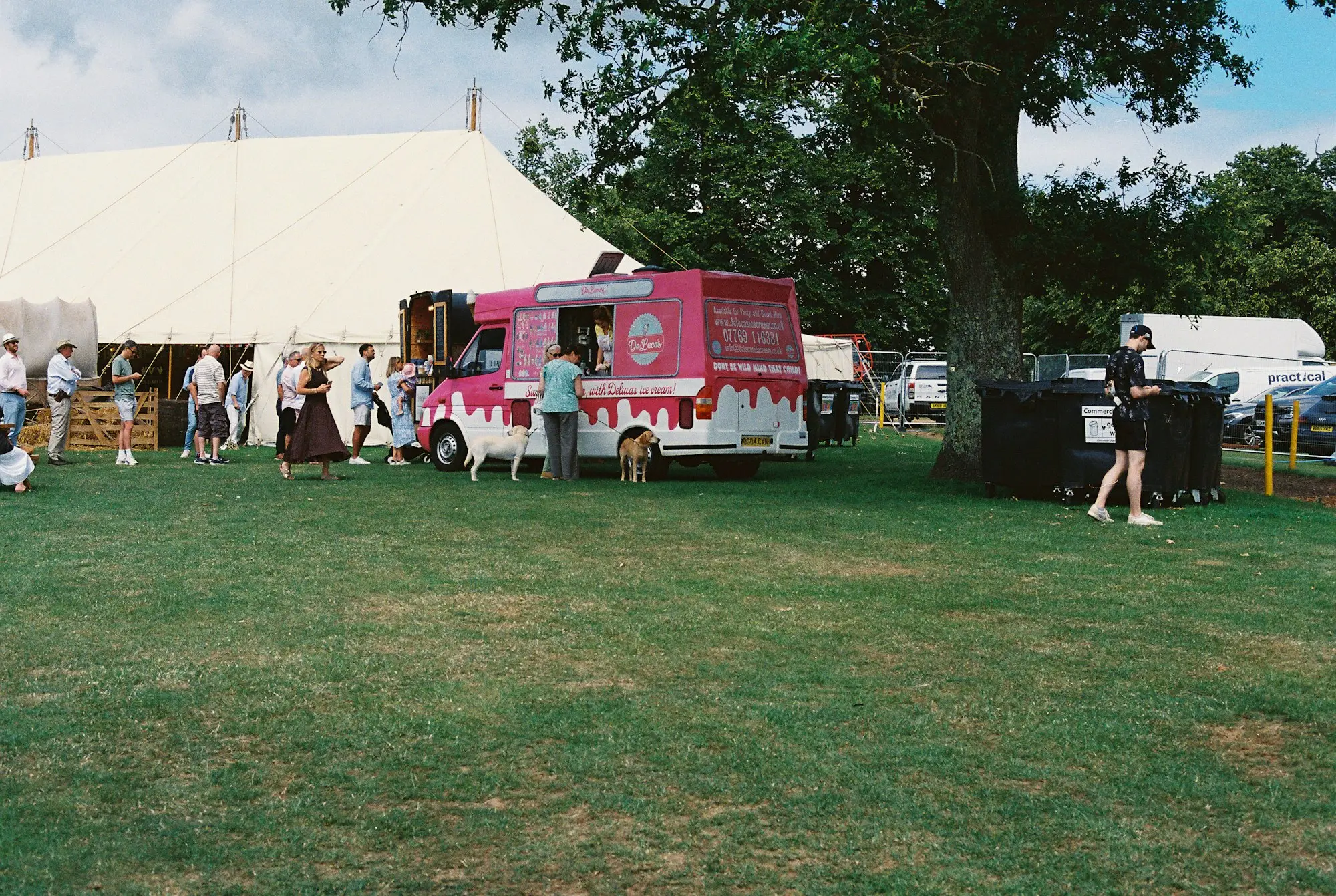 Pink ice cream van serving guests on the lawn beside a white marquee at a private outdoor function
